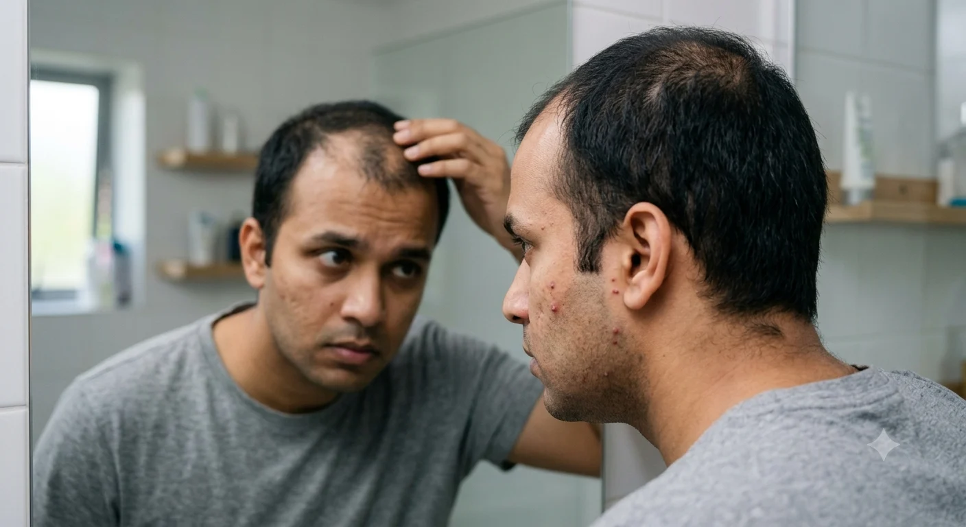 Man examining thinning hair and receding hairline in bathroom mirror before hair fall treatment Man examining thinning hair and receding hairline in bathroom mirror before hair fall treatment-mandsaur-dr.tanvar-clinic-mandsaur