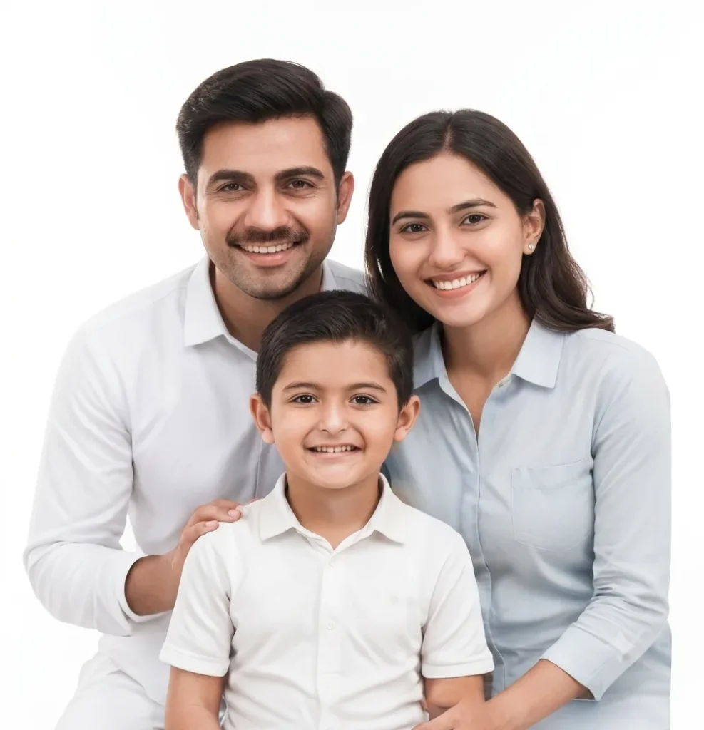 A happy Indian family smiling together on a plain white background, representing family dermatology care at Tanwar Skin Clinic.