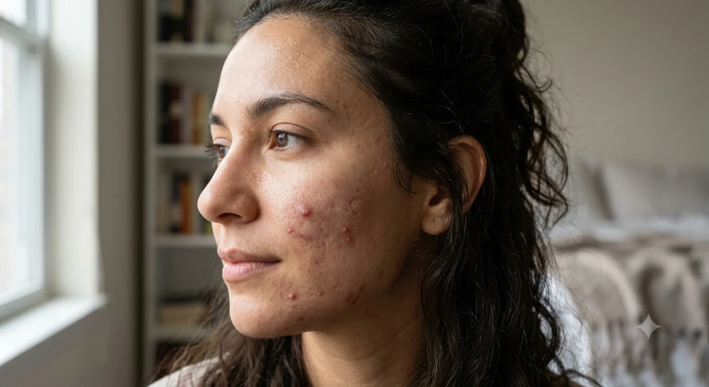 Close-up profile of a woman with smooth, clear skin following successful acne treatment. acne-treatment-mandsaur